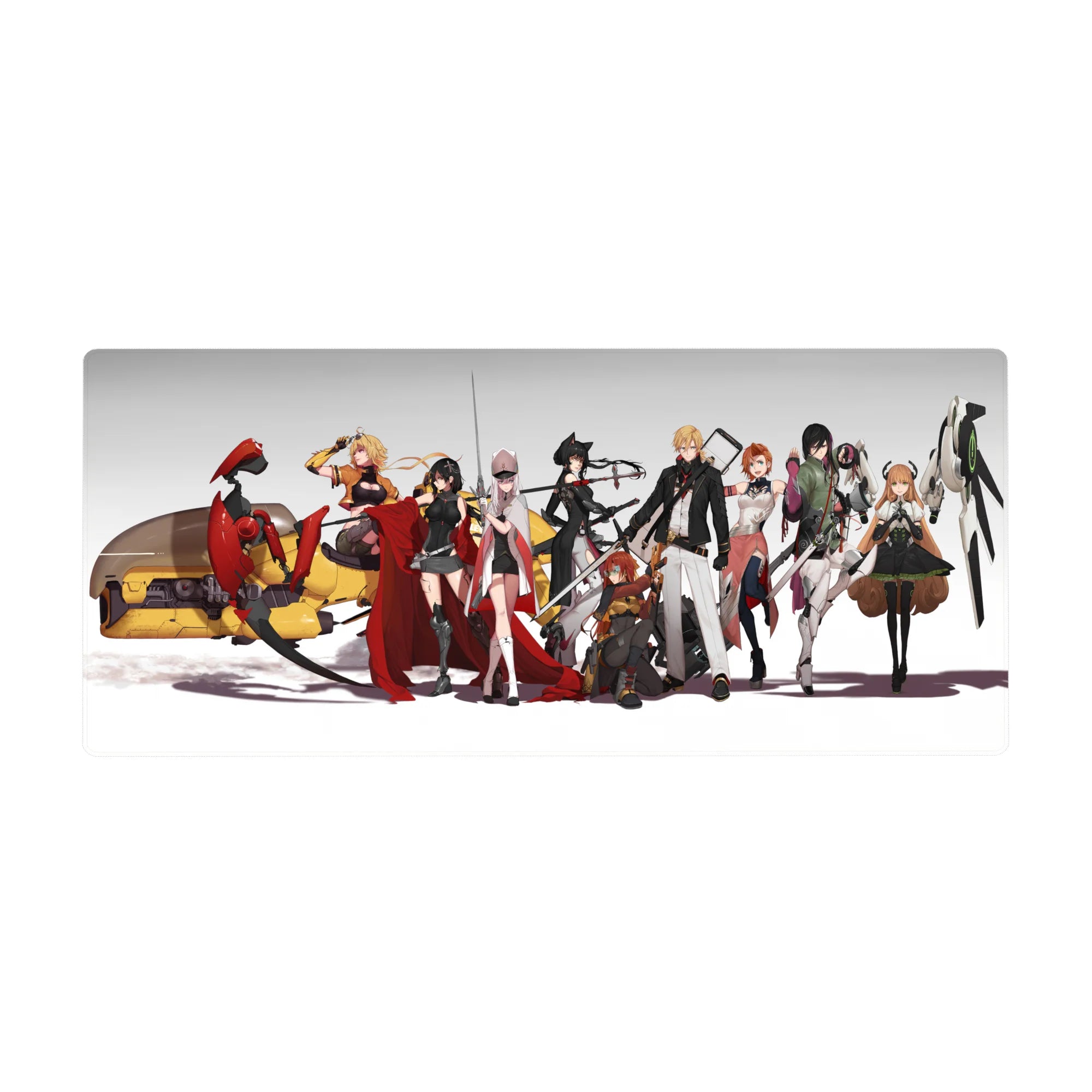 Anime girl desk pad 36x16 inches with sci-fi heroines lineup, yellow mech, and white drone on clean background.