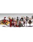 Anime girl desk pad 36x16 inches with sci-fi heroines lineup, yellow mech, and white drone on clean background.
