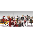 Anime girl desk pad 40x20 inches with sci-fi heroines, yellow mech, and white drone lineup.