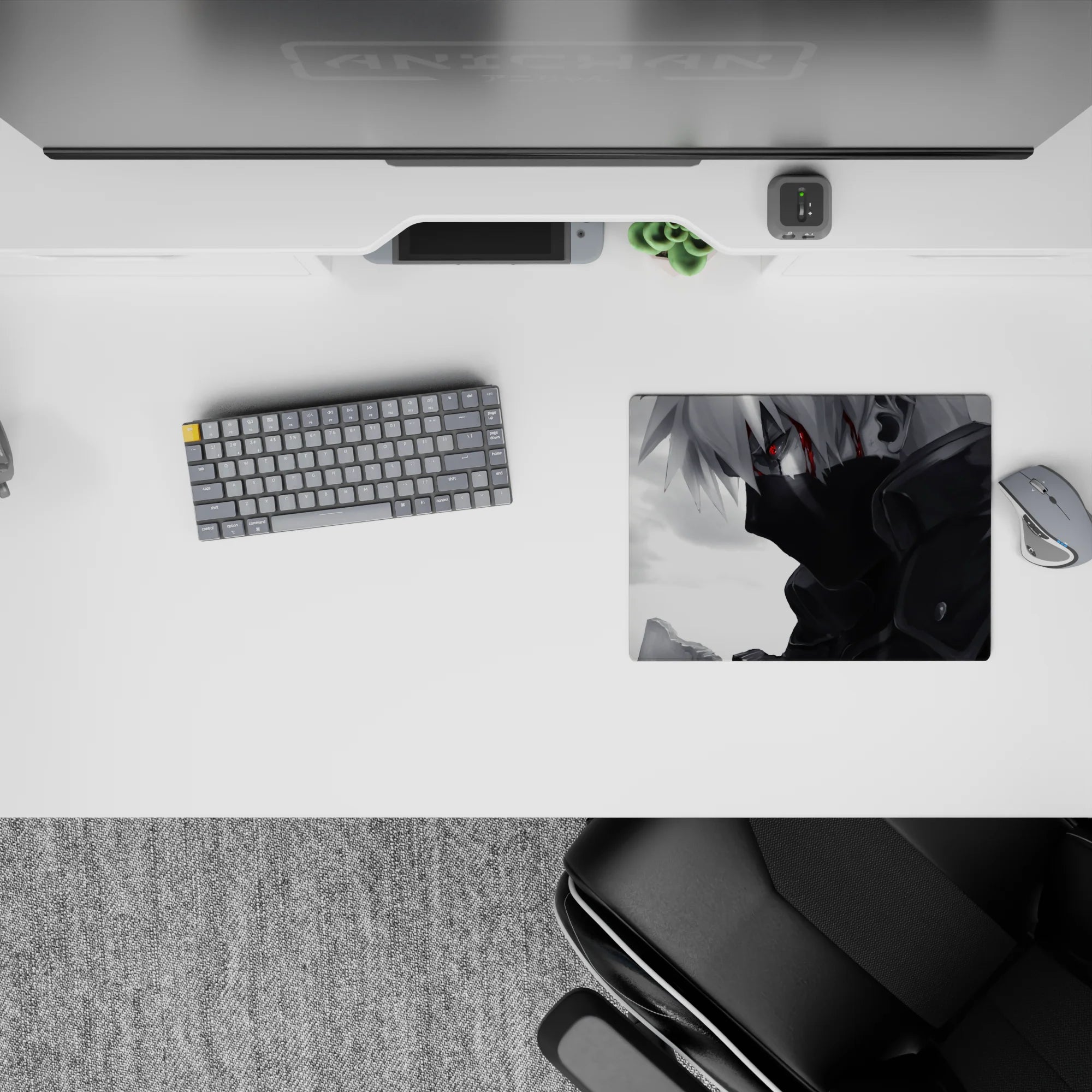 Moody grayscale anime mouse pad 14x10 inches with smoky shadows, cloudy backdrop, and a thin red streak.