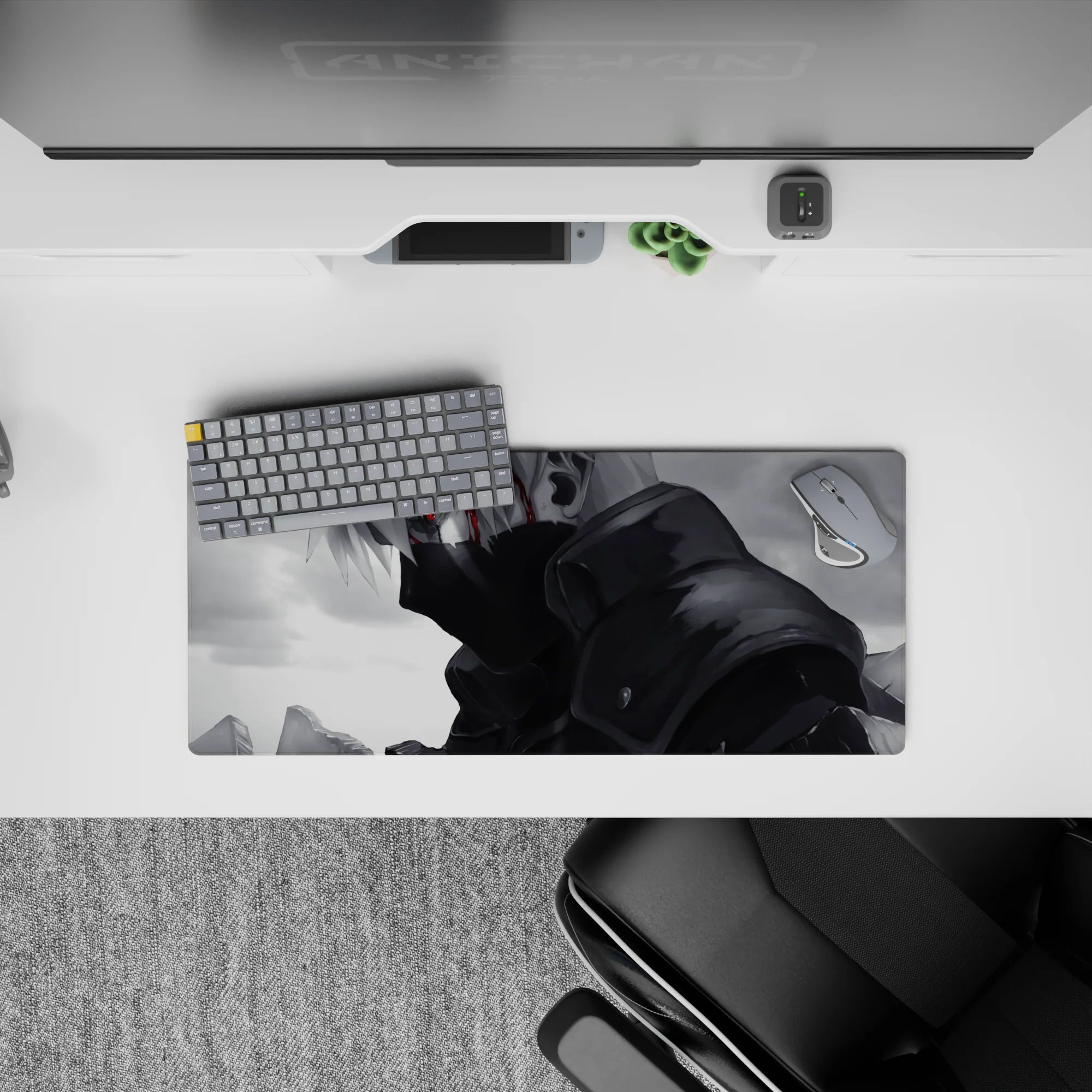 28x12 inches anime mouse pad in moody grayscale tones, soft shadows, with a sharp red streak highlight.
