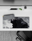 28x12 inches anime mouse pad in moody grayscale tones, soft shadows, with a sharp red streak highlight.