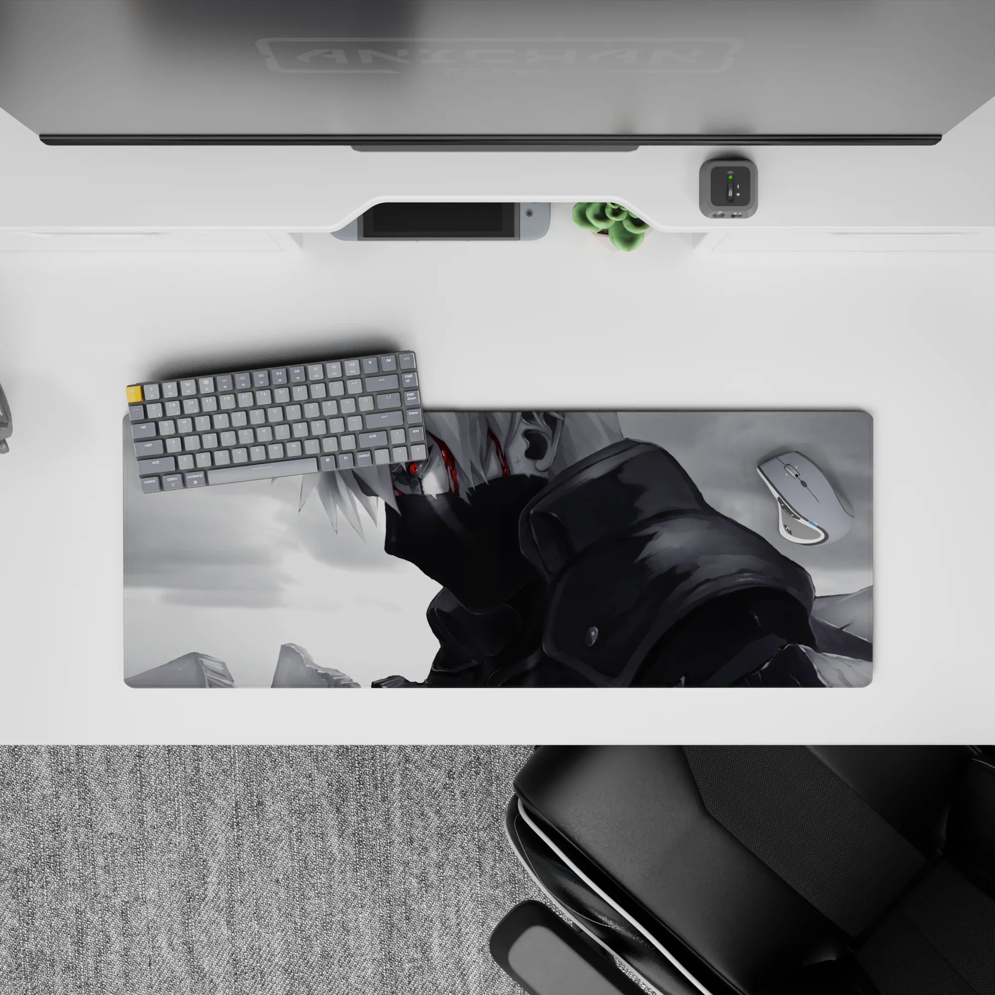 32x12 inches anime mouse pad in smoky grayscale with a thin red streak, moody clean heroic desk vibe.
