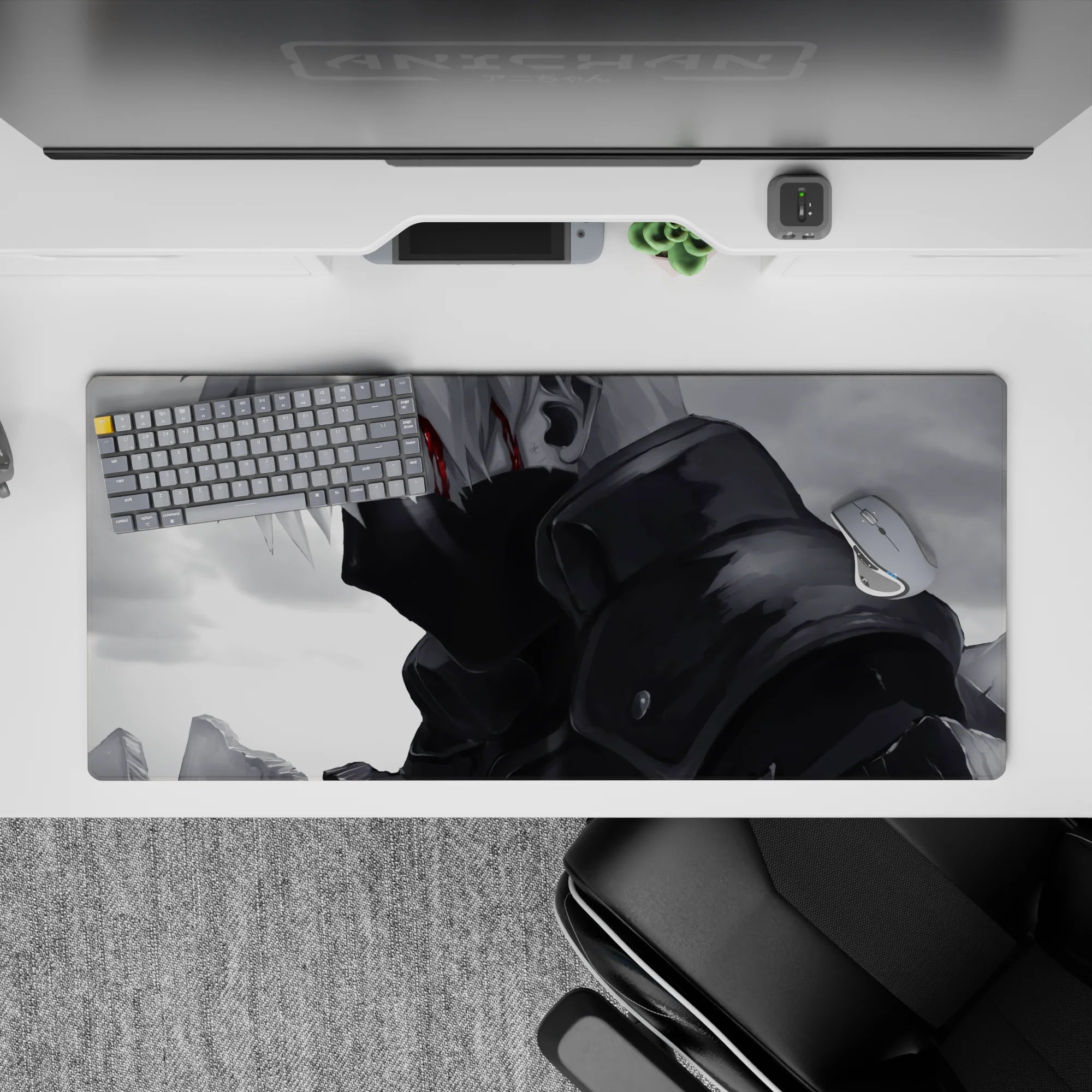 36x16 inches anime desk pad in smoky grayscale with a thin red streak, moody cinematic Naruto vibe.