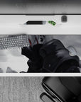 36x16 inches anime desk pad in smoky grayscale with a thin red streak, moody cinematic Naruto vibe.