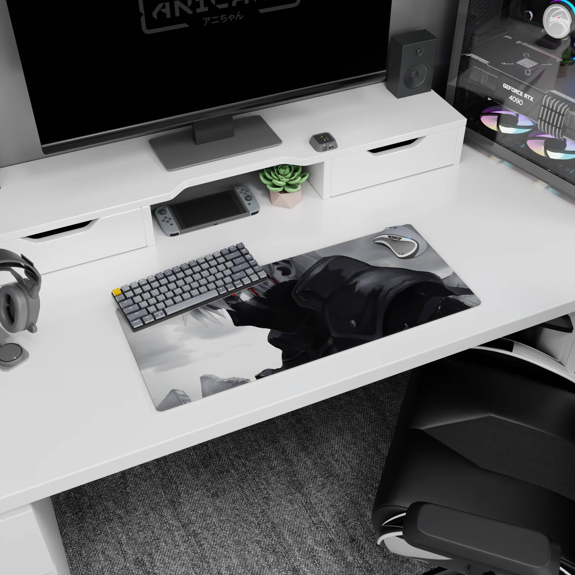 28x12 inches Kakashi Hatake mouse pad, Sharingan eye glow in grayscale with dramatic red slash and armor folds.