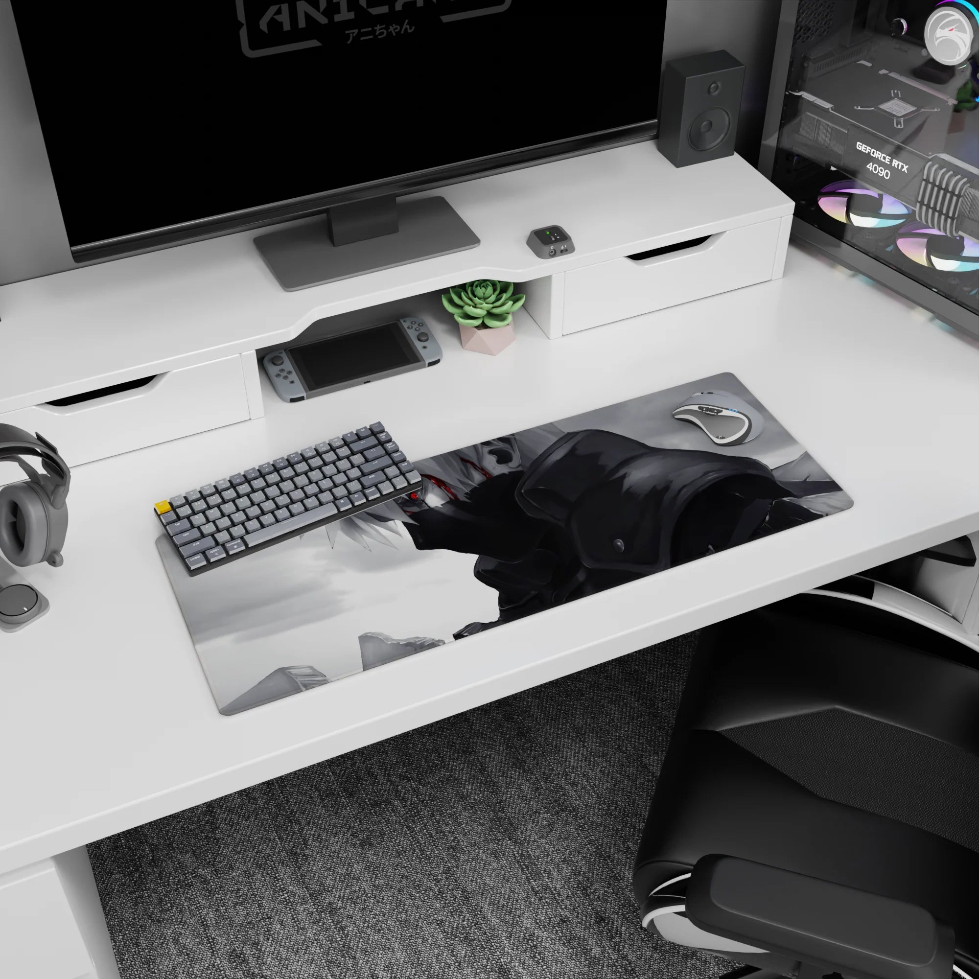 32x12 inches Naruto mouse pad featuring Kakashi Hatake staring forward, white hair and glowing Sharingan.