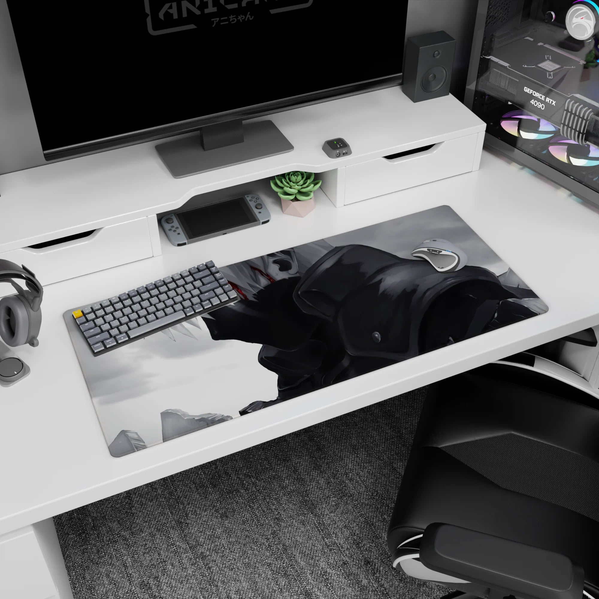 36x16 inches Naruto desk pad featuring Kakashi Hatake with white hair and glowing Sharingan eye.