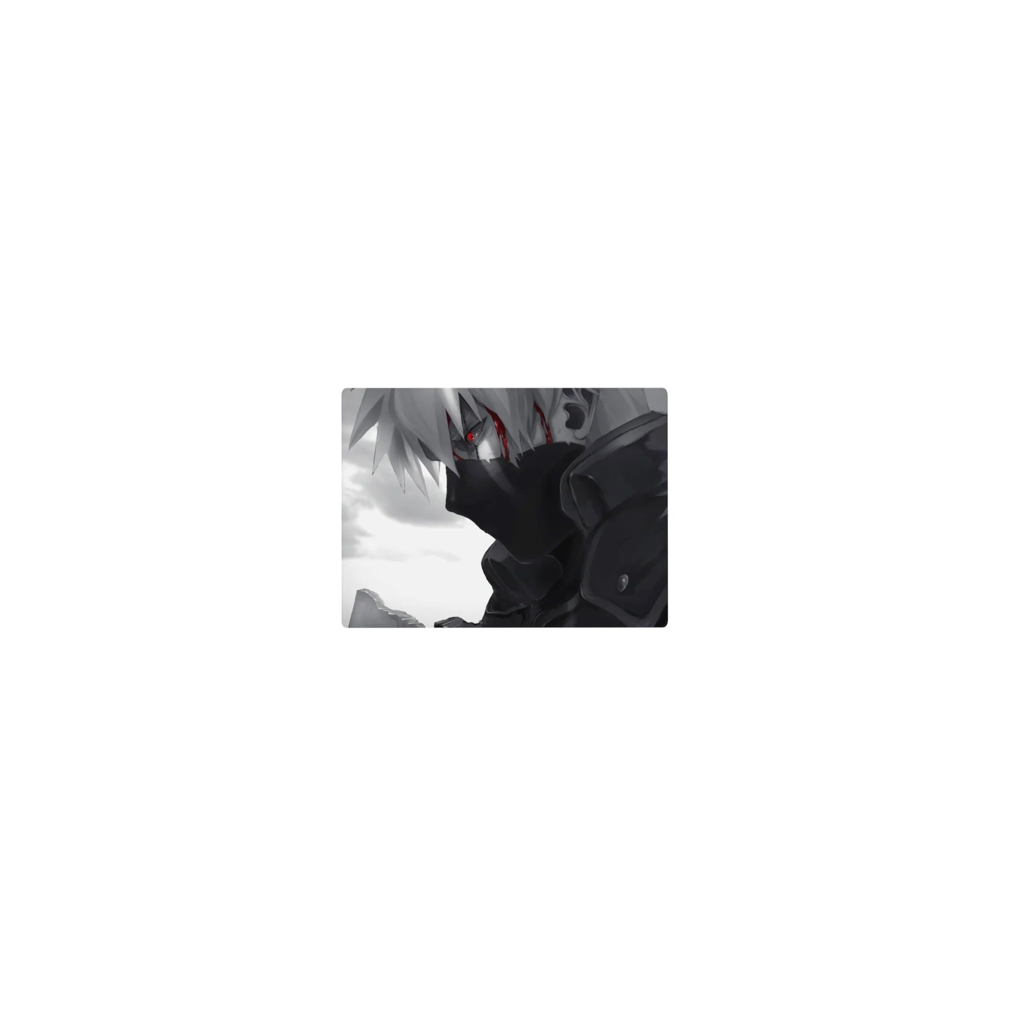 Classic anime mouse pad 14x10 inches with grayscale ninja portrait, Sharingan eye glow, and red accent slash.