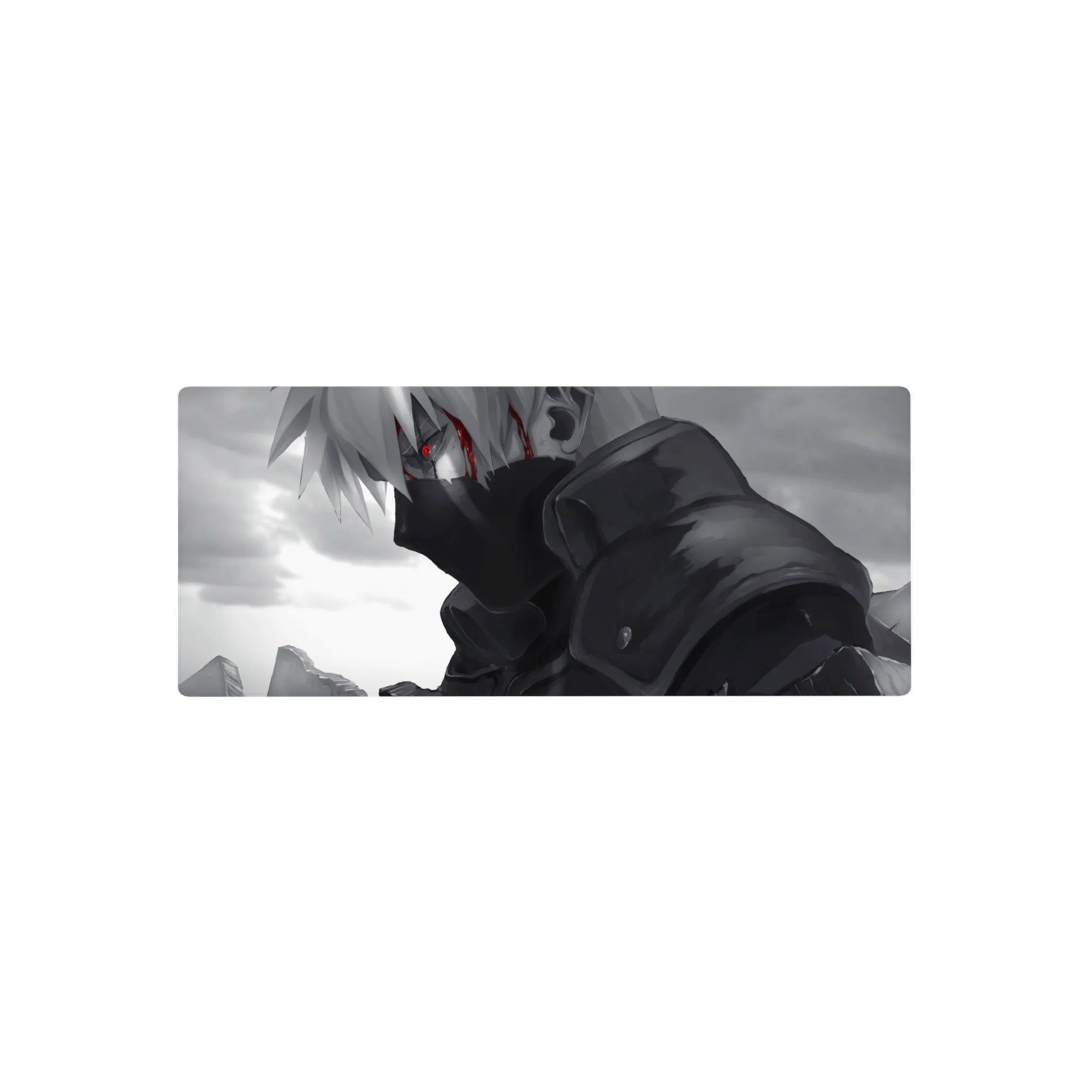 28x12 inches anime mouse pad with smoky grayscale ninja portrait, cloudy backdrop, and red accent streak.