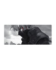 28x12 inches anime mouse pad with smoky grayscale ninja portrait, cloudy backdrop, and red accent streak.