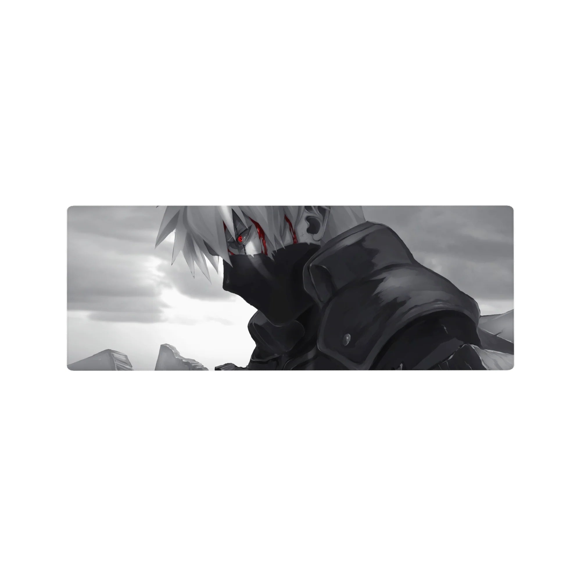 32x12 inches anime mouse pad with Kakashi Hatake grayscale portrait, Sharingan glow, and cinematic clouds.