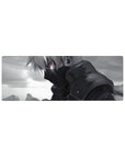 32x12 inches anime mouse pad with Kakashi Hatake grayscale portrait, Sharingan glow, and cinematic clouds.
