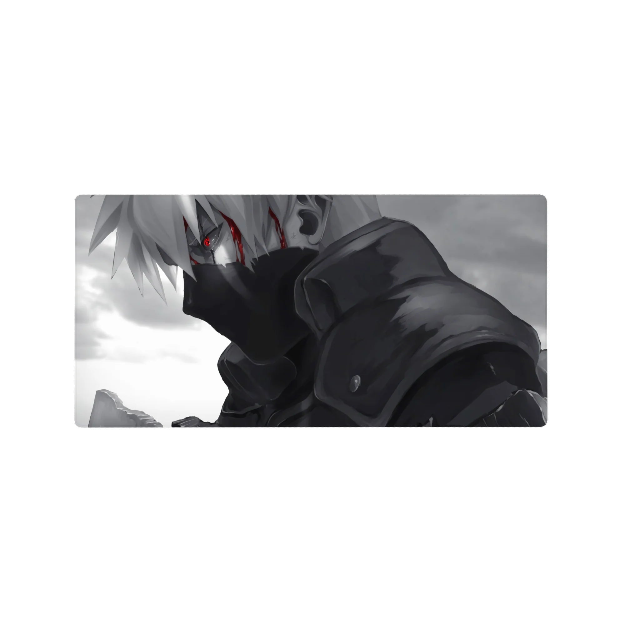 Grayscale Kakashi anime mouse pad 32x16 inches with smoky backdrop, sharp armor folds, cinematic look.