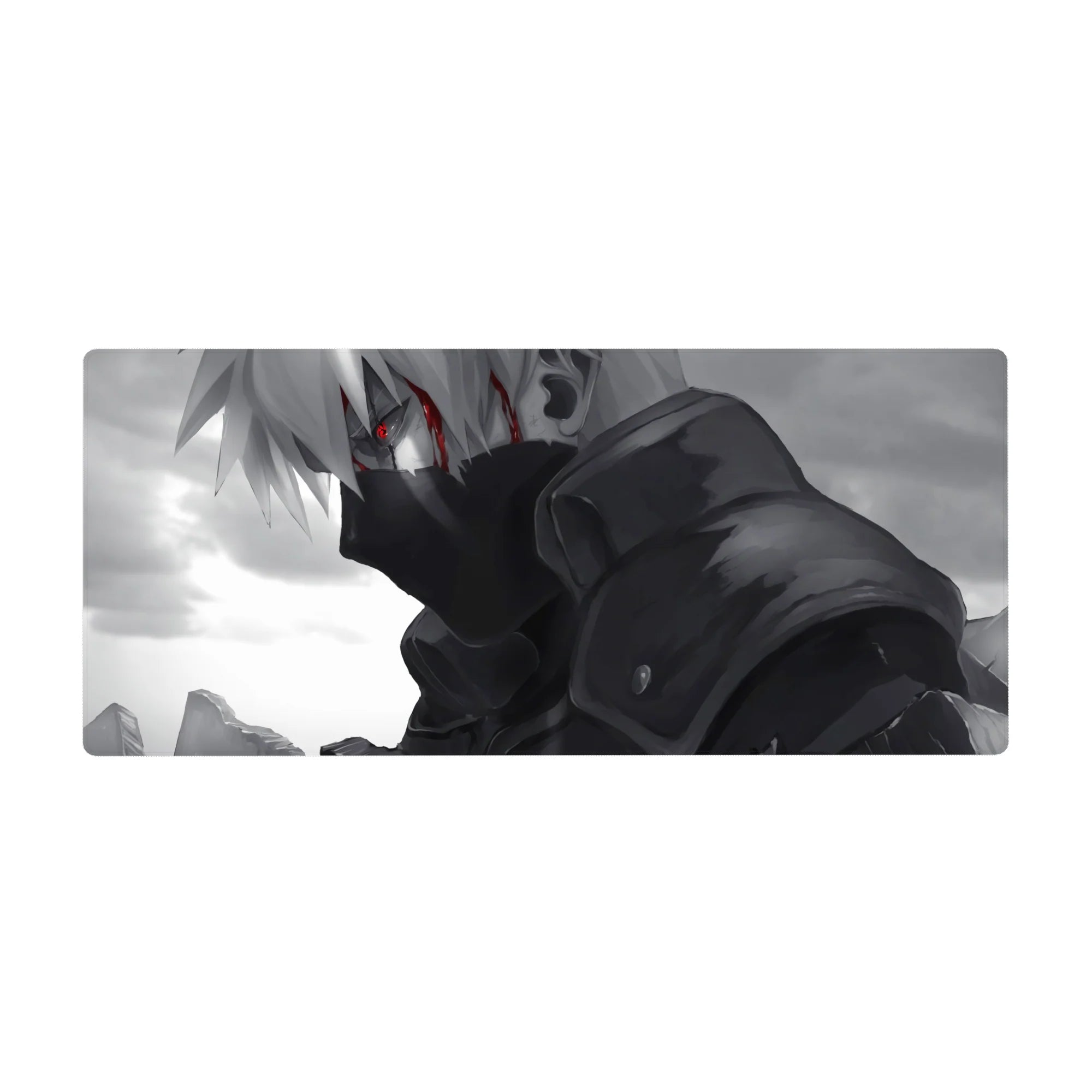 36x16 inches anime desk pad with Kakashi-inspired grayscale portrait, sharp armor folds, cloudy backdrop.