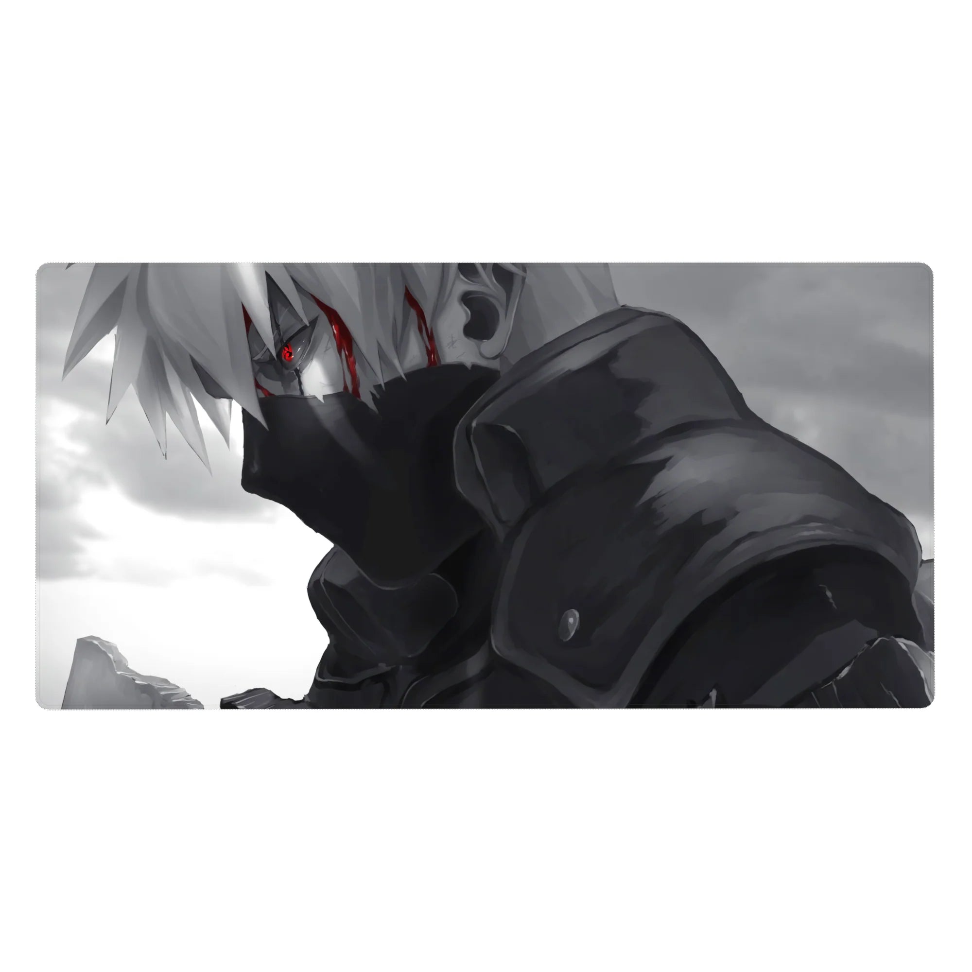 40x20 inches anime desk pad with grayscale ninja portrait, smoky backdrop, and subtle red accent line.