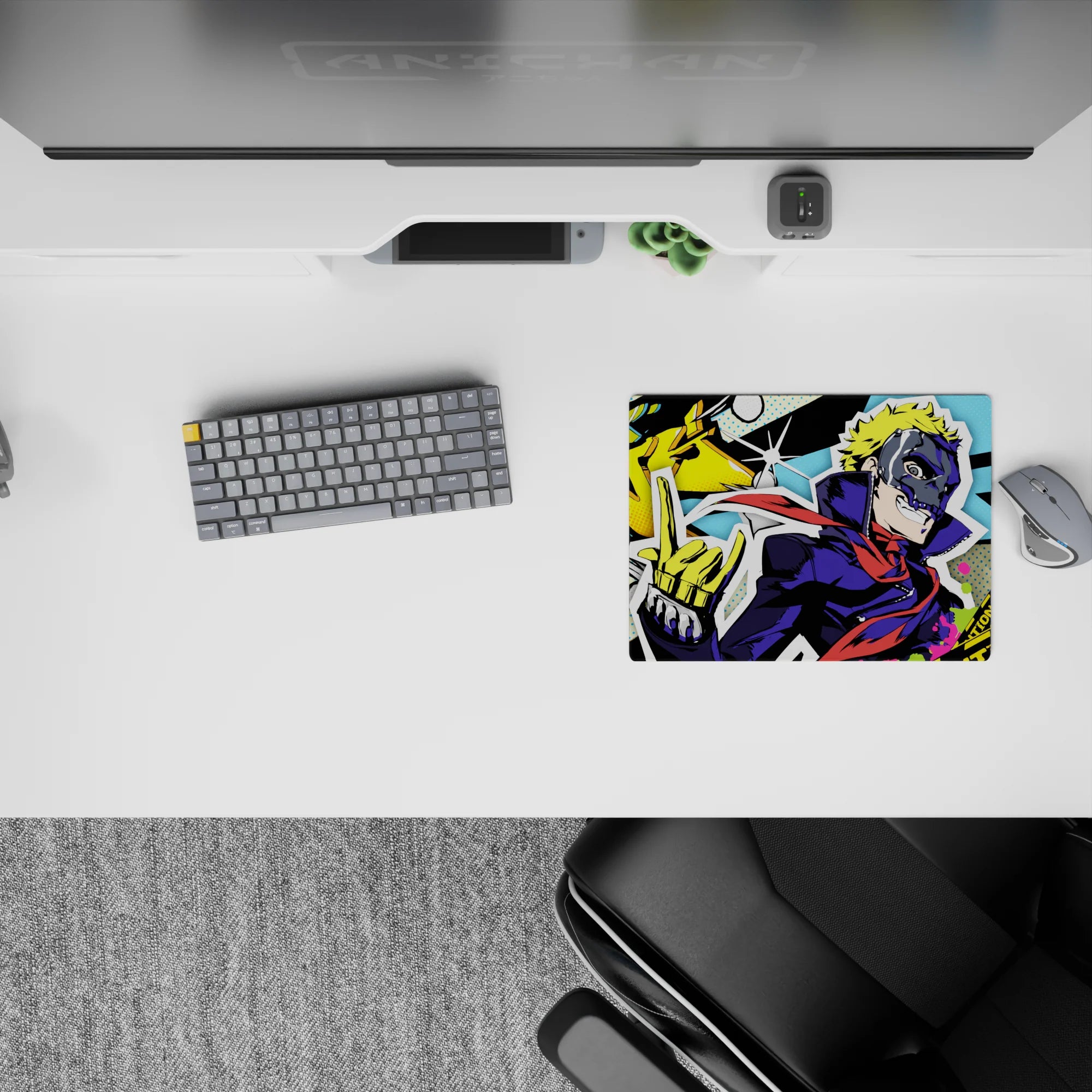 Anime mouse pad featuring Ryuji from Persona 5, 14x10 inches. Vibrant with neon yellows, blue dots, and &quot;Freakin’ Boring!&quot; graffiti.