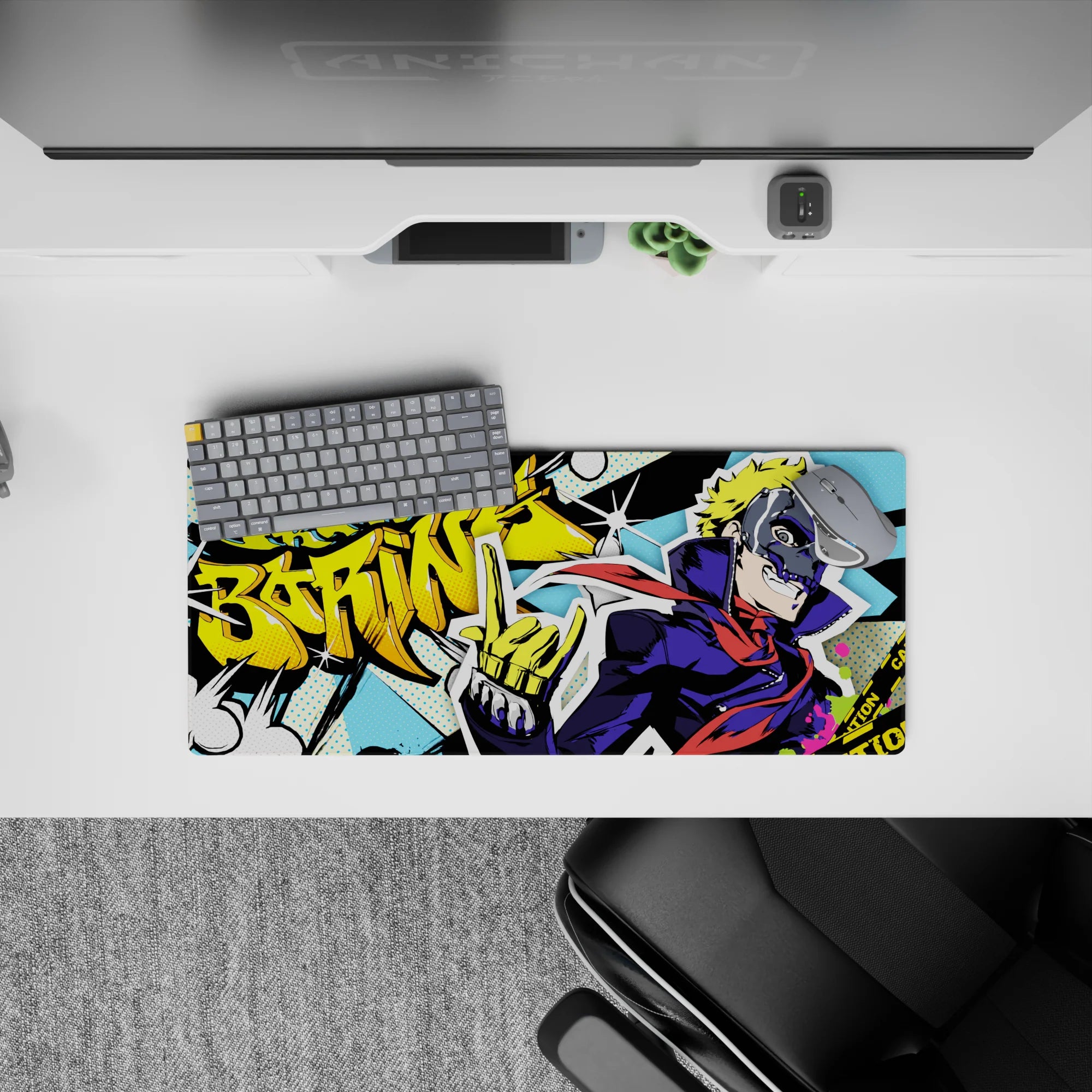 Anime mouse pad featuring Ryuji&#39;s dynamic design with &quot;Freakin’ Boring!&quot; graffiti, size 28x12 inches, vibrant colors.