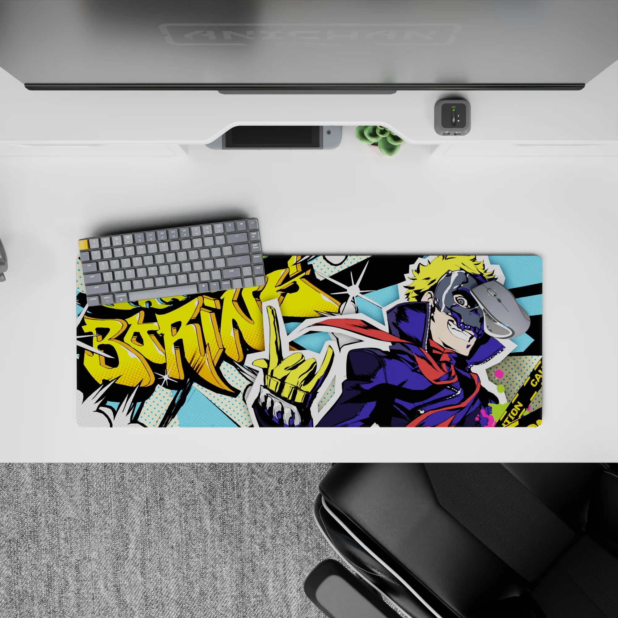 Anime mouse pad, 32x12 inches, featuring Ryuji from Persona 5 with comic book flair, neon colors, and &quot;Freakin’ Boring!&quot; graffiti.