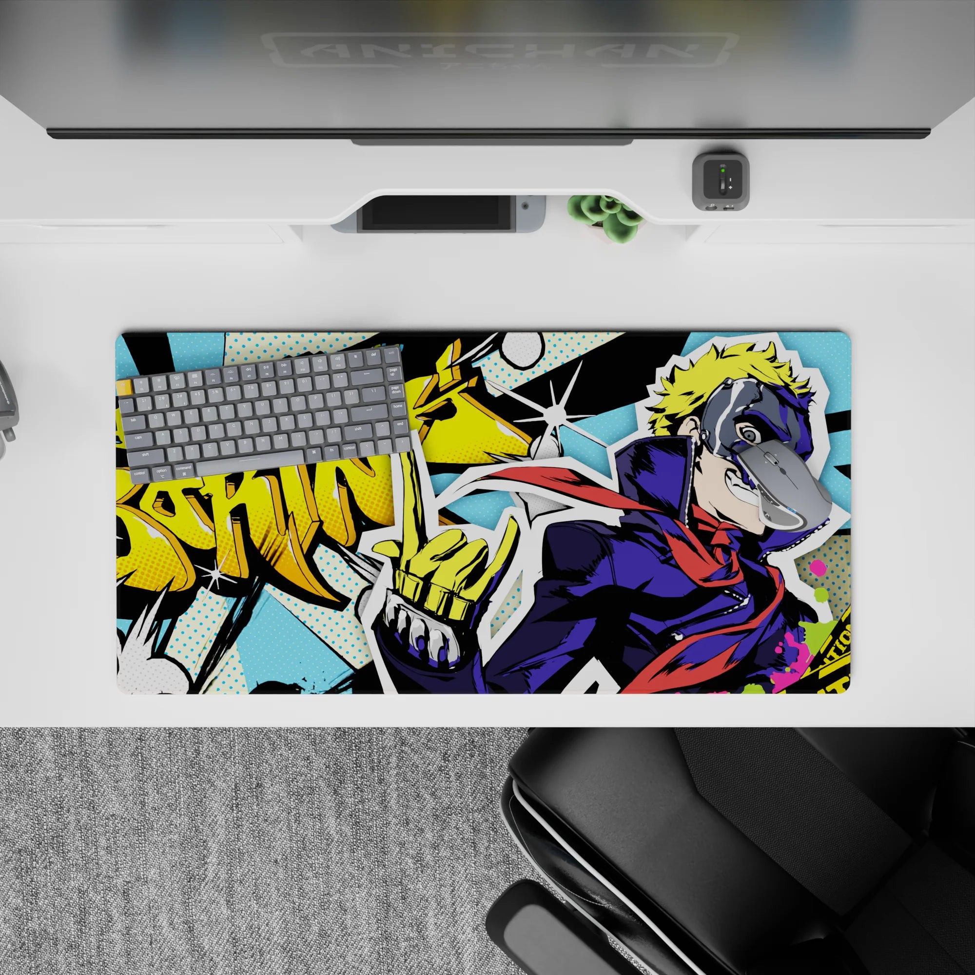 Anime mouse pad 32x16 inches featuring Ryuji from Persona 5 with vibrant comic style, neon yellows, and bold graffiti.