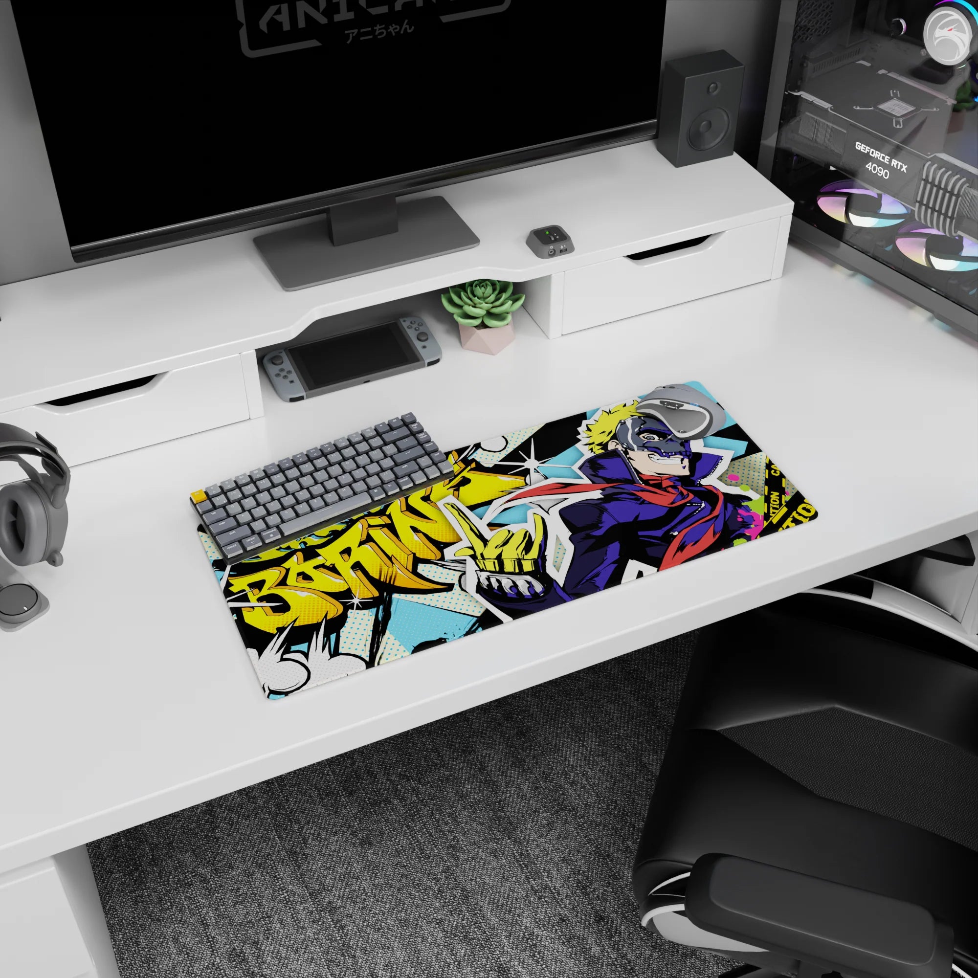 Anime mouse pad 28x12 inches featuring Ryuji with comic book flair, neon yellows, explosive blue dots, and graffiti.