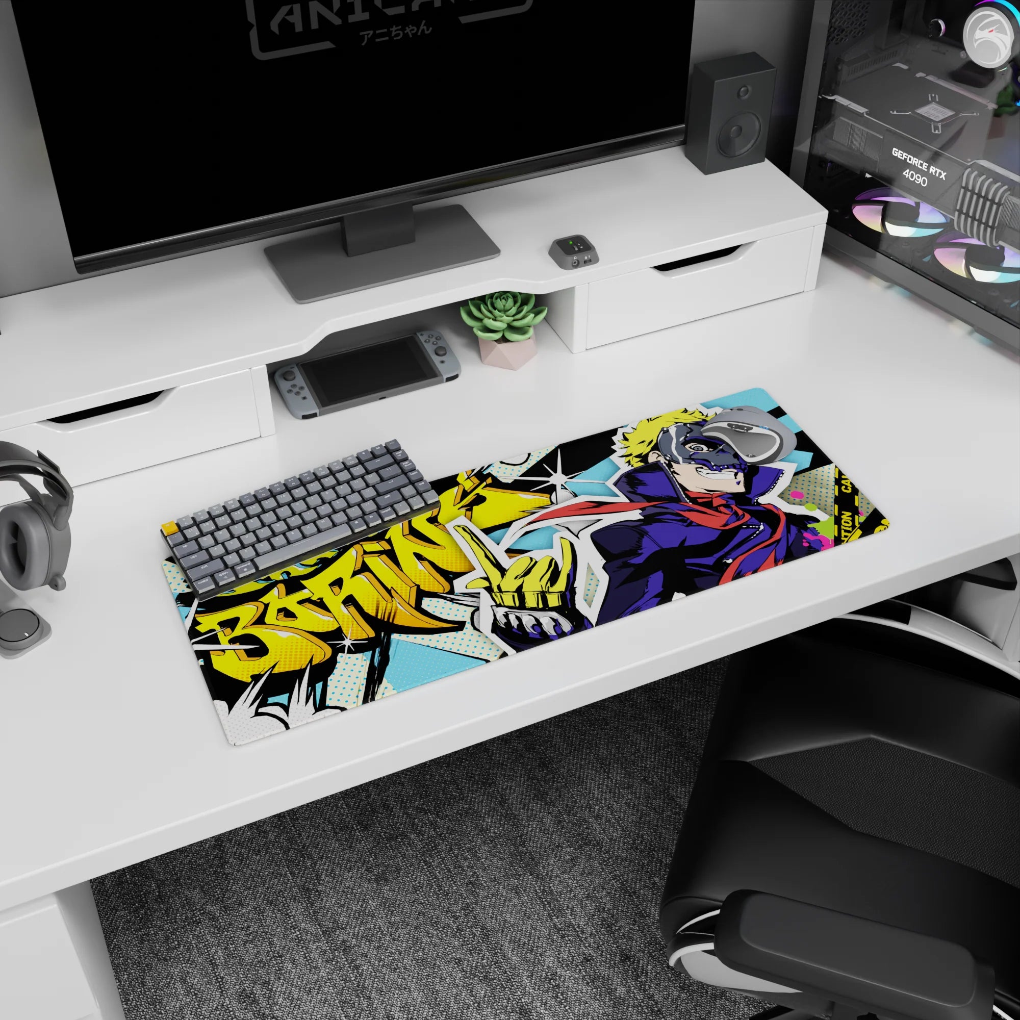 Anime mouse pad 32x12 inches featuring Ryuji from Persona 5, vibrant comic book style with &quot;Freakin’ Boring!&quot; graffiti.