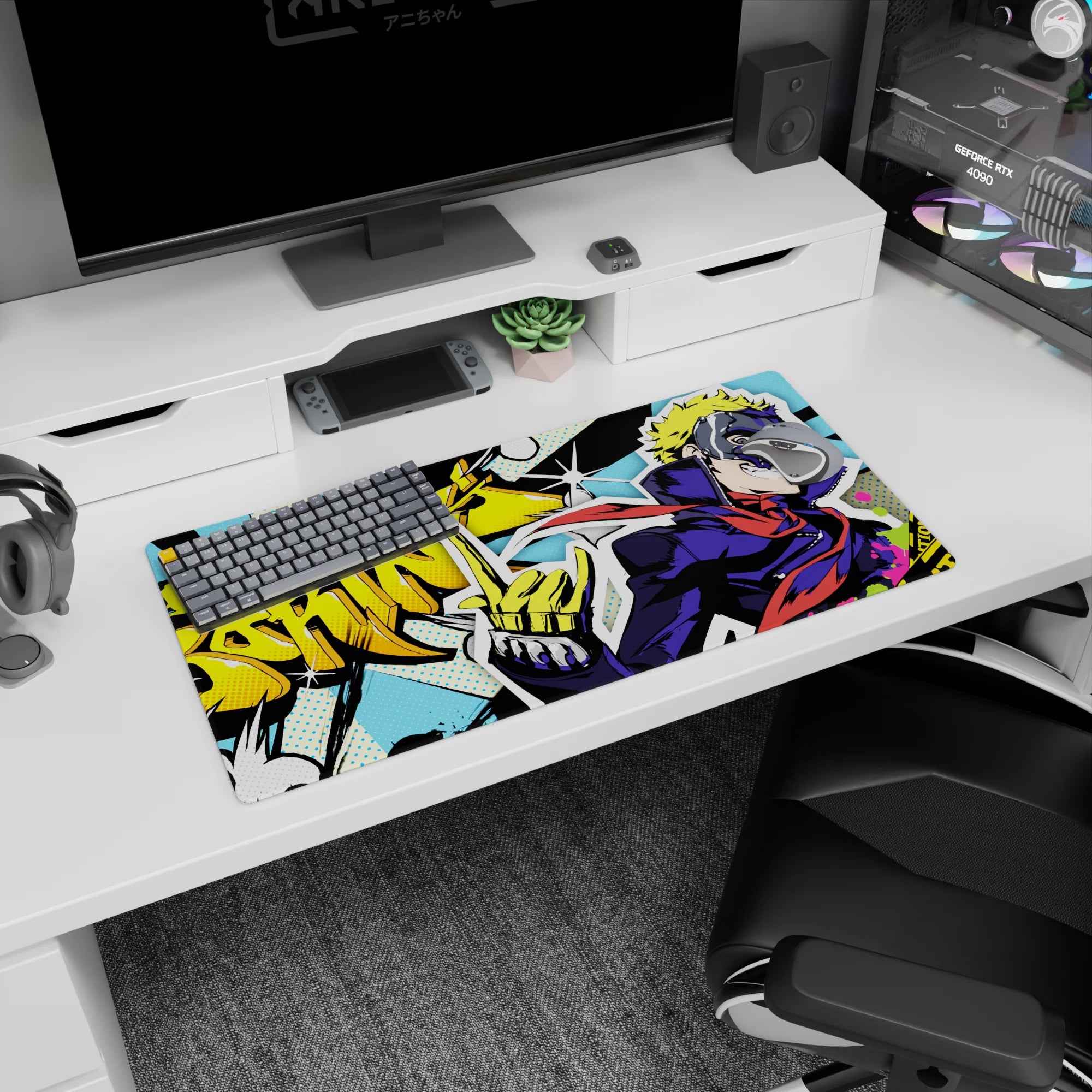 Ryuji anime mouse pad, size 32x16 inches, vibrant comic style with neon yellows, blue dots, and &quot;Freakin’ Boring!&quot; graffiti.