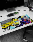 Anime desk pad 36x16 inches featuring Ryuji from Persona, vibrant neon colors, comic style, and "Freakin’ Boring!" graffiti.