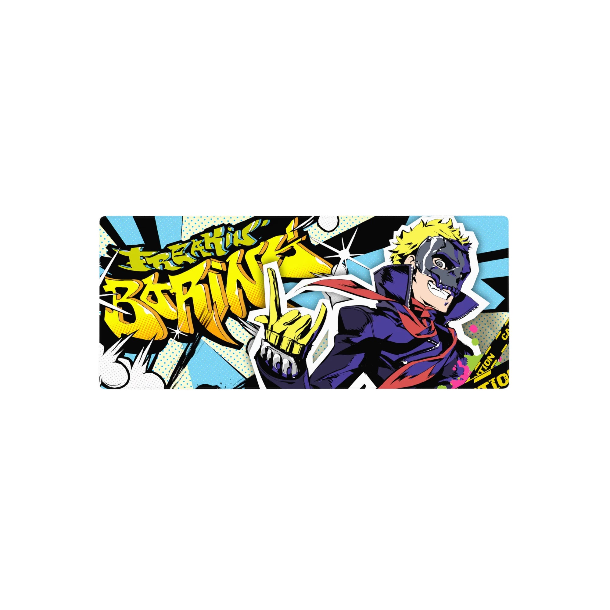 Anime mouse pad 28x12 inches featuring vibrant neon colors and Ryuji&#39;s energetic design with &quot;Freakin’ Boring!&quot; graffiti.