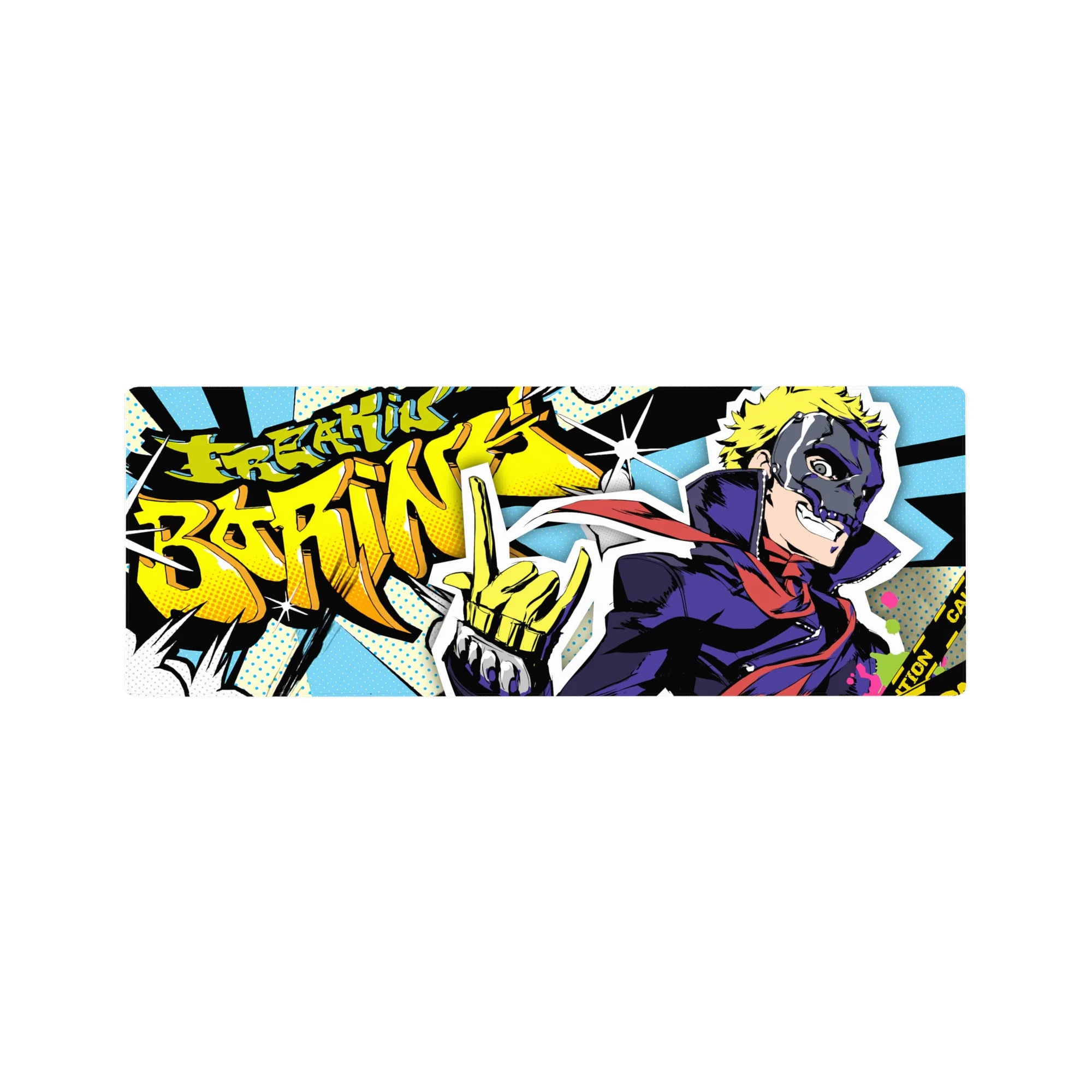 Anime mouse pad featuring Ryuji from Persona 5, size 32x12 inches, with vibrant comic book style and &quot;Freakin’ Boring!&quot; graffiti.