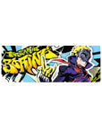 Anime mouse pad featuring Ryuji from Persona 5, size 32x12 inches, with vibrant comic book style and "Freakin’ Boring!" graffiti.