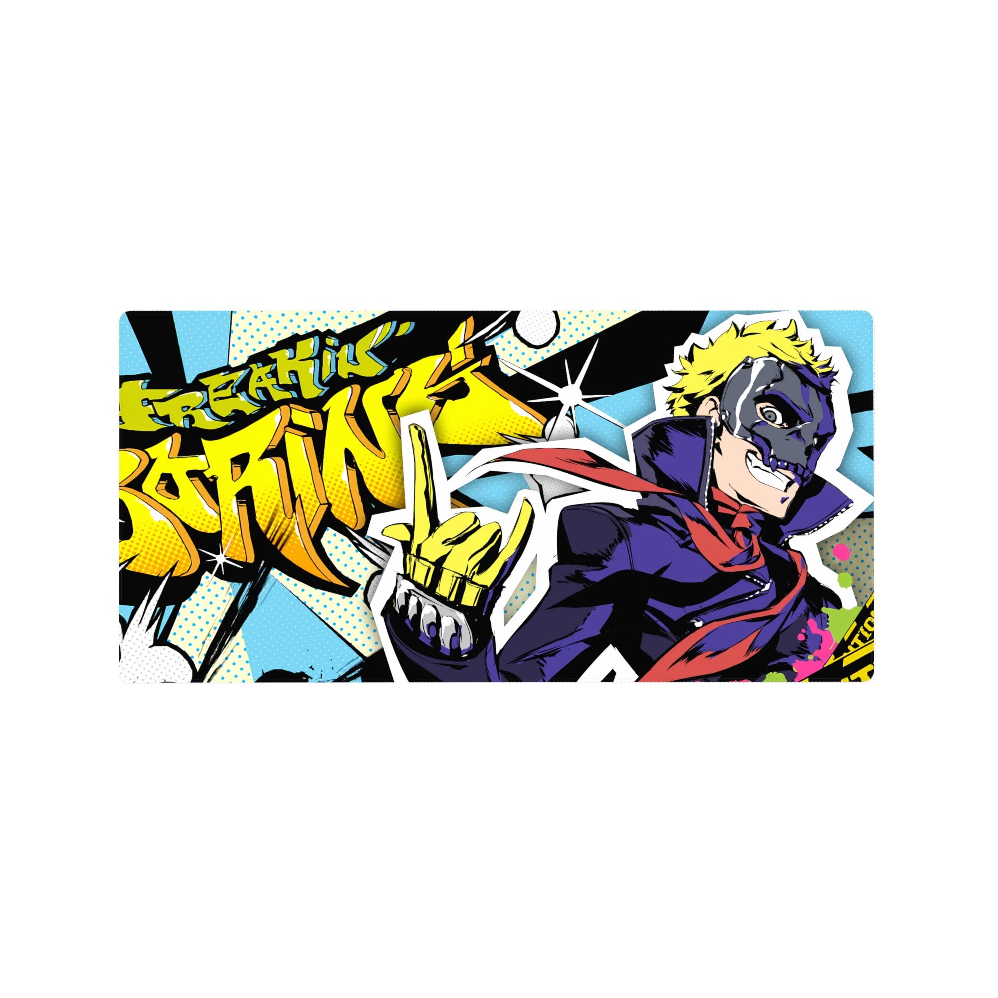 Anime mouse pad 32x16 inches featuring Ryuji with comic book flair, neon yellows, blue dots, and &quot;Freakin’ Boring!&quot; graffiti.