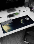 Giant cream-and-gold planet on a 36x16 inches desk pad, with a smaller glowing planet on the right.