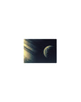 Midnight space planet desk mouse pad with cream-and-gold edge and small glowing world, 14x10 inches.