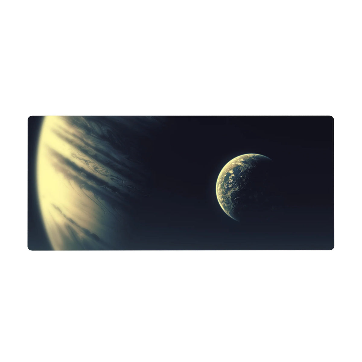 Space-themed desk pad 36x16 inches with midnight backdrop, giant planet edge, and small glowing world.