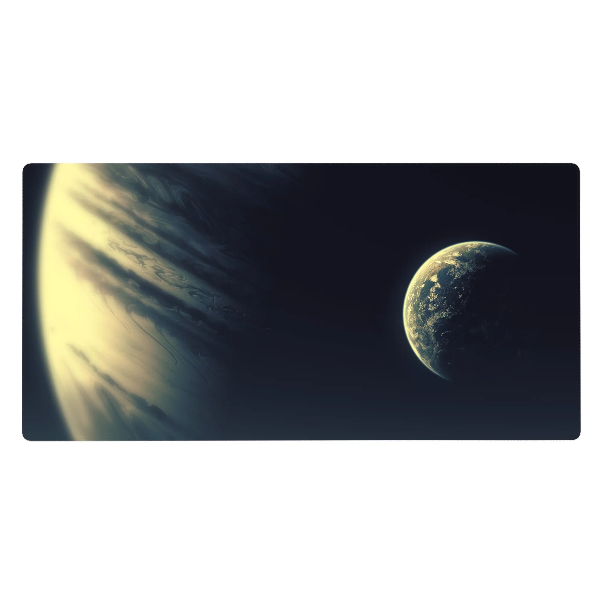 Midnight space planet desk pad 40x20 inches with cream-and-gold edge and small glowing world.
