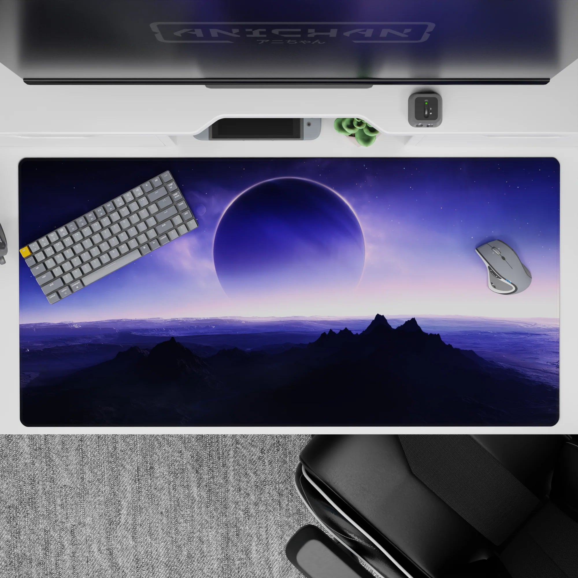 Dreamy violet-to-lavender desk pad 40x20 inches with calm midnight mood and soft glow.