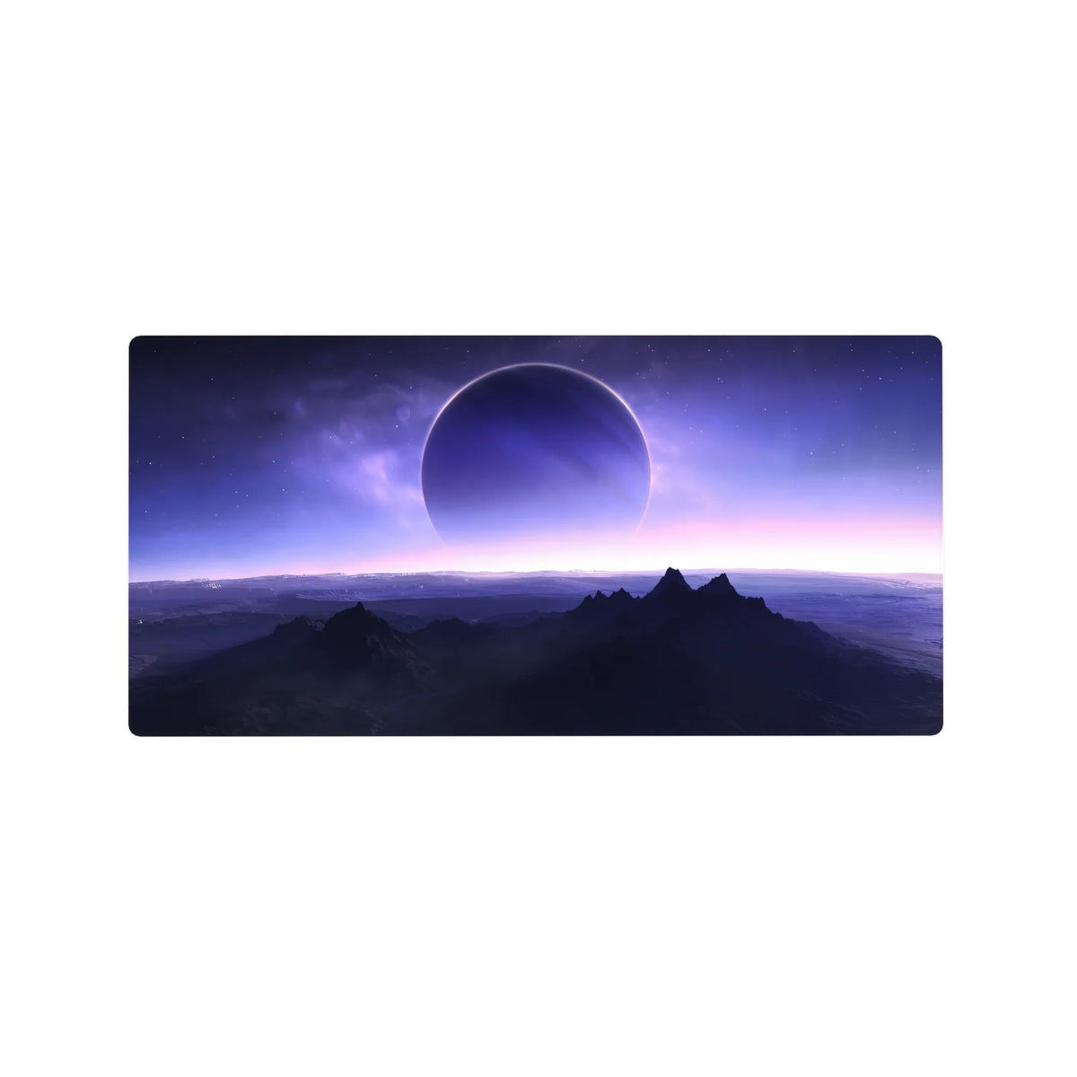 Alien sunrise landscape mouse pad 32x16 inches with moon, star specks, and dark mountain silhouettes.