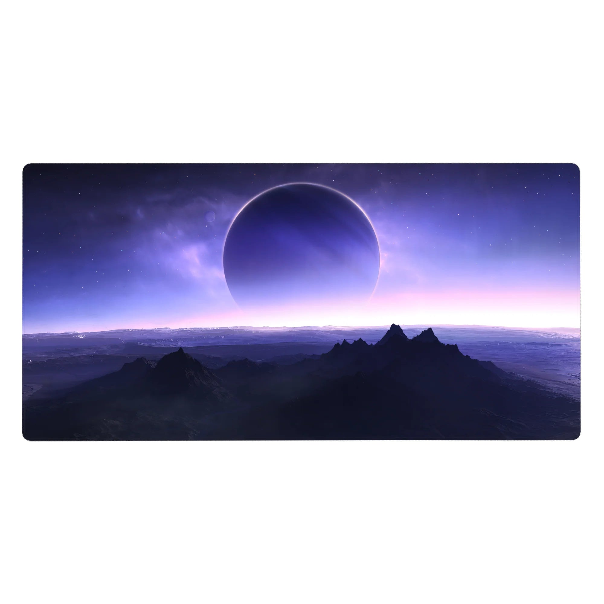 Alien sunrise mountain horizon desk pad 40x20 inches with smooth gradients and star specks.