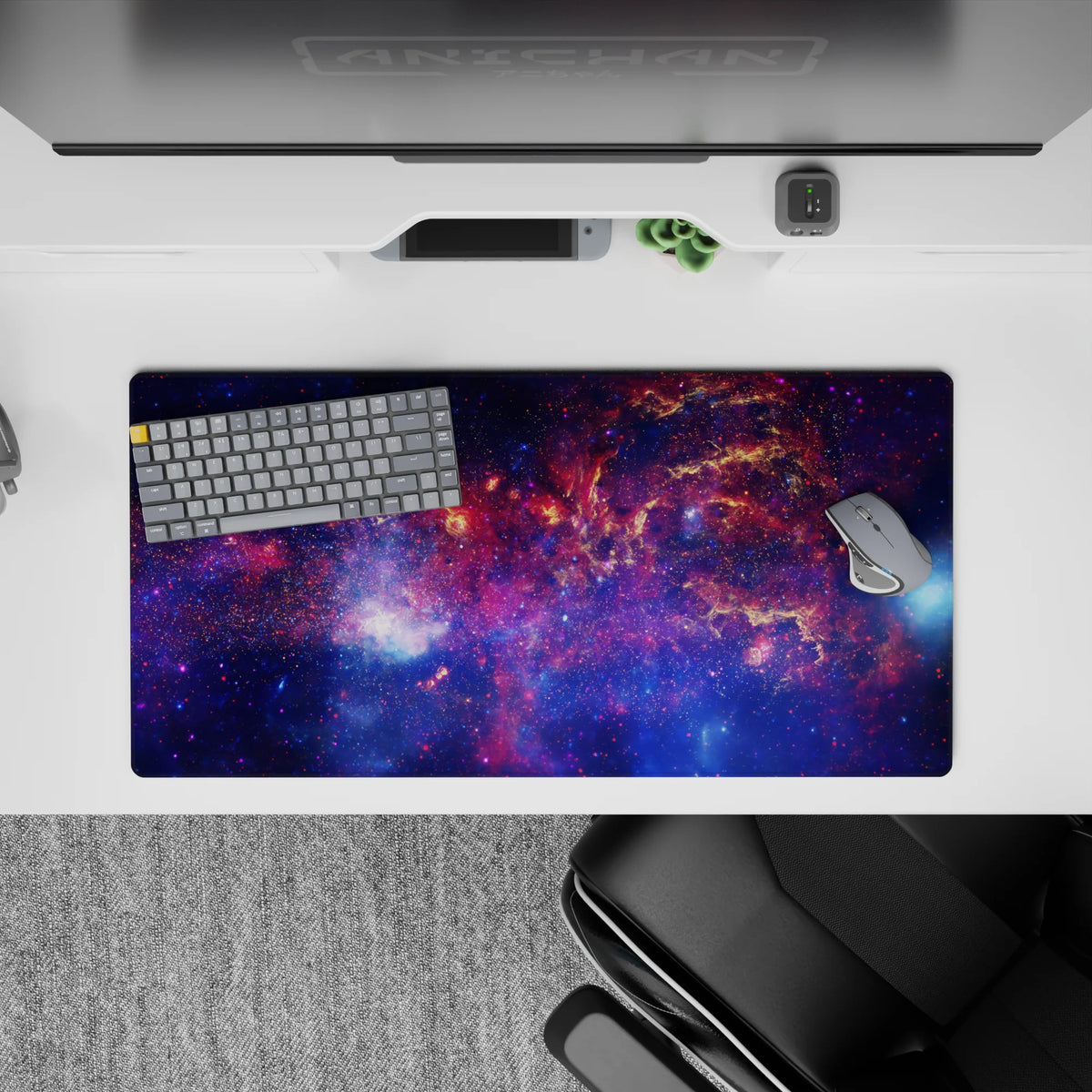 Deep navy, electric blue and magenta mouse pad, 32x16 inches, for cozy cosmic vibes and smooth glide.