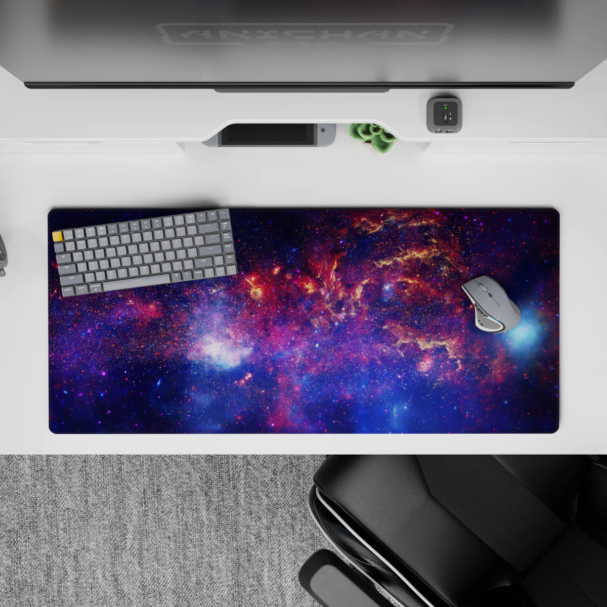Deep navy, electric blue and magenta desk pad, 36x16 inches, cozy space vibe with starry dots.