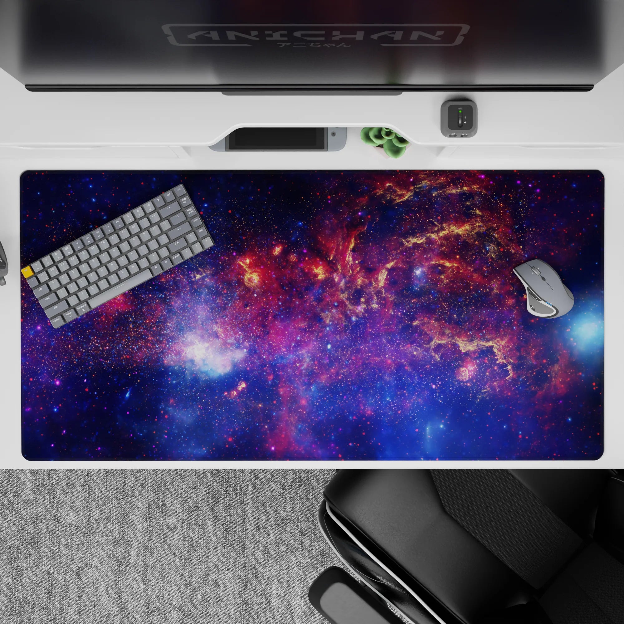Moody navy desk pad 40x20 inches in electric blues and magenta clouds for cozy cosmic vibes.