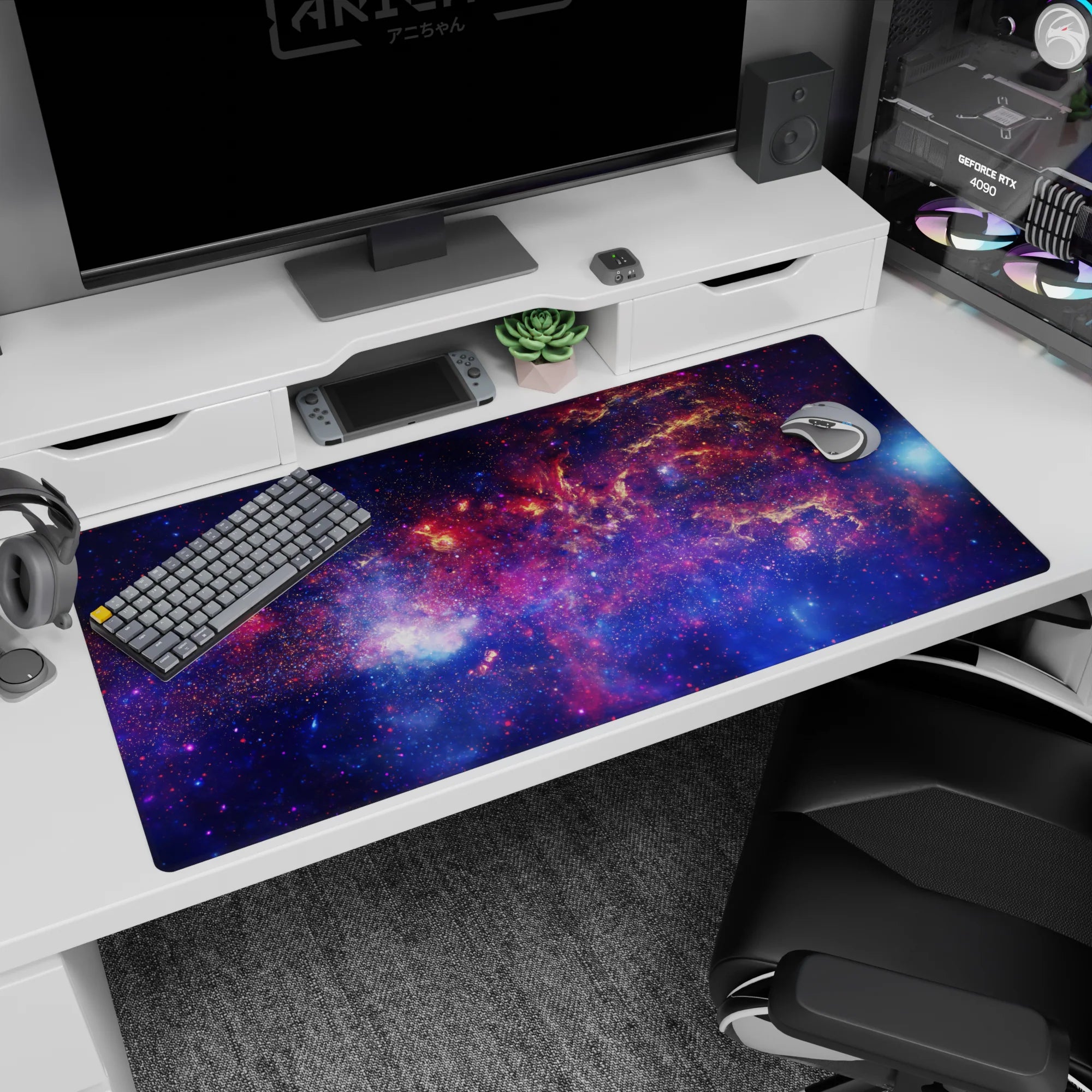 Star-filled nebula swirl scene desk pad 40x20 inches with drifting cloud pattern across the surface.