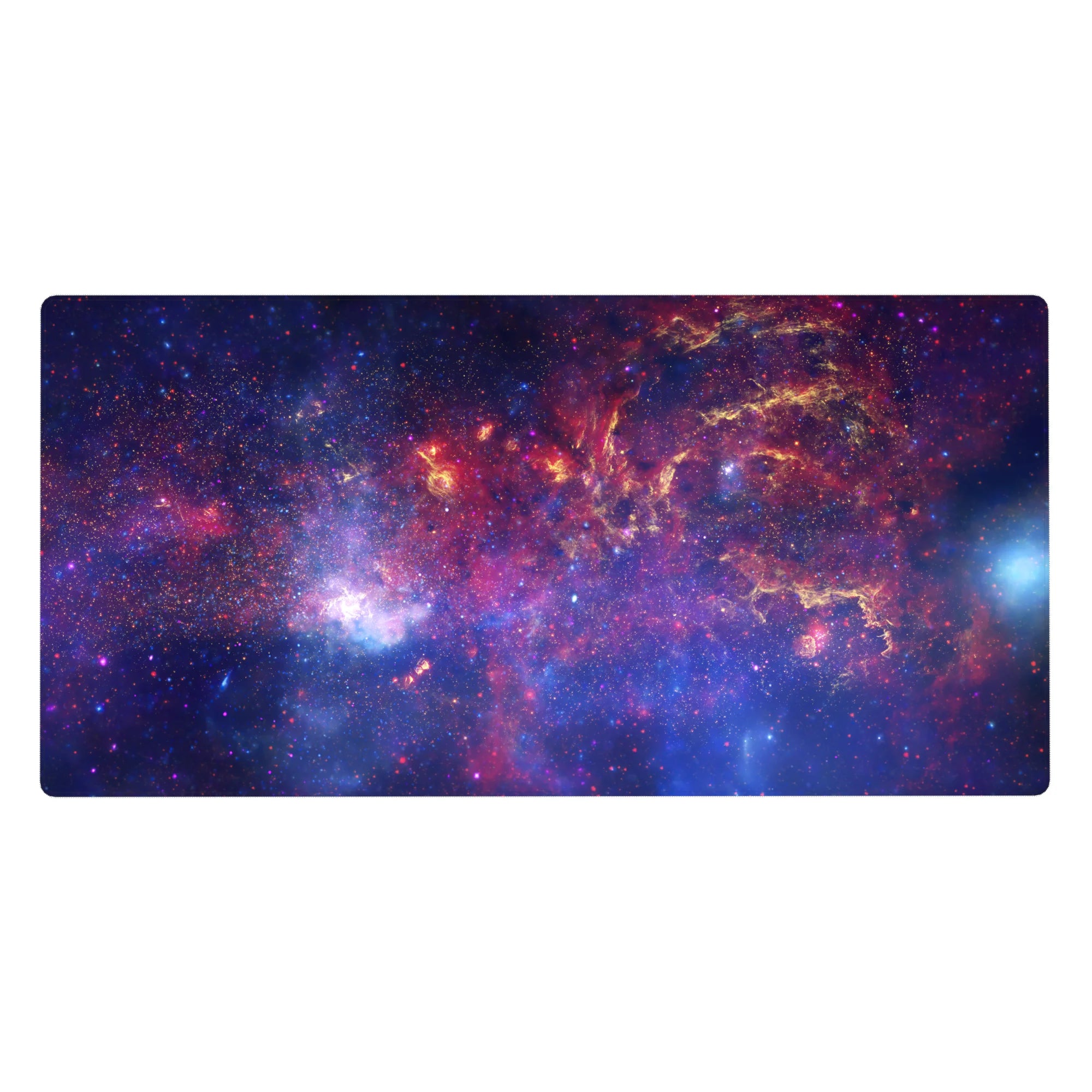 Cosmic nebula galaxy desk pad 40x20 inches with starry speckles and smooth tracking surface.