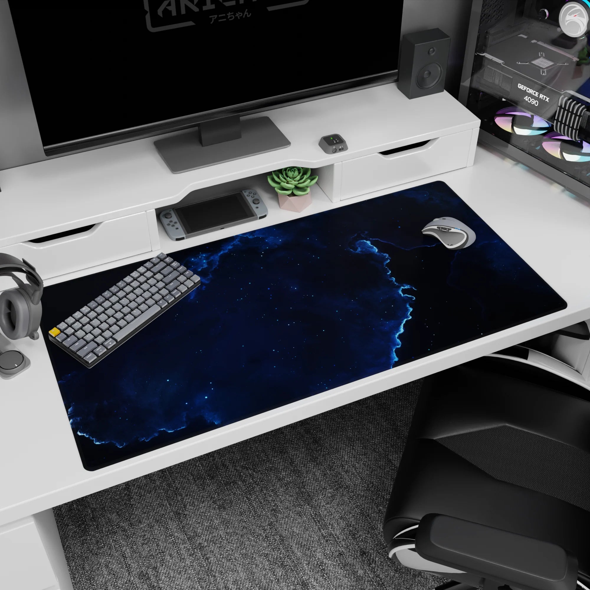 Space window scene desk pad 40x20 inches showing swirling nebula clouds, soft lightning curls, and stars.