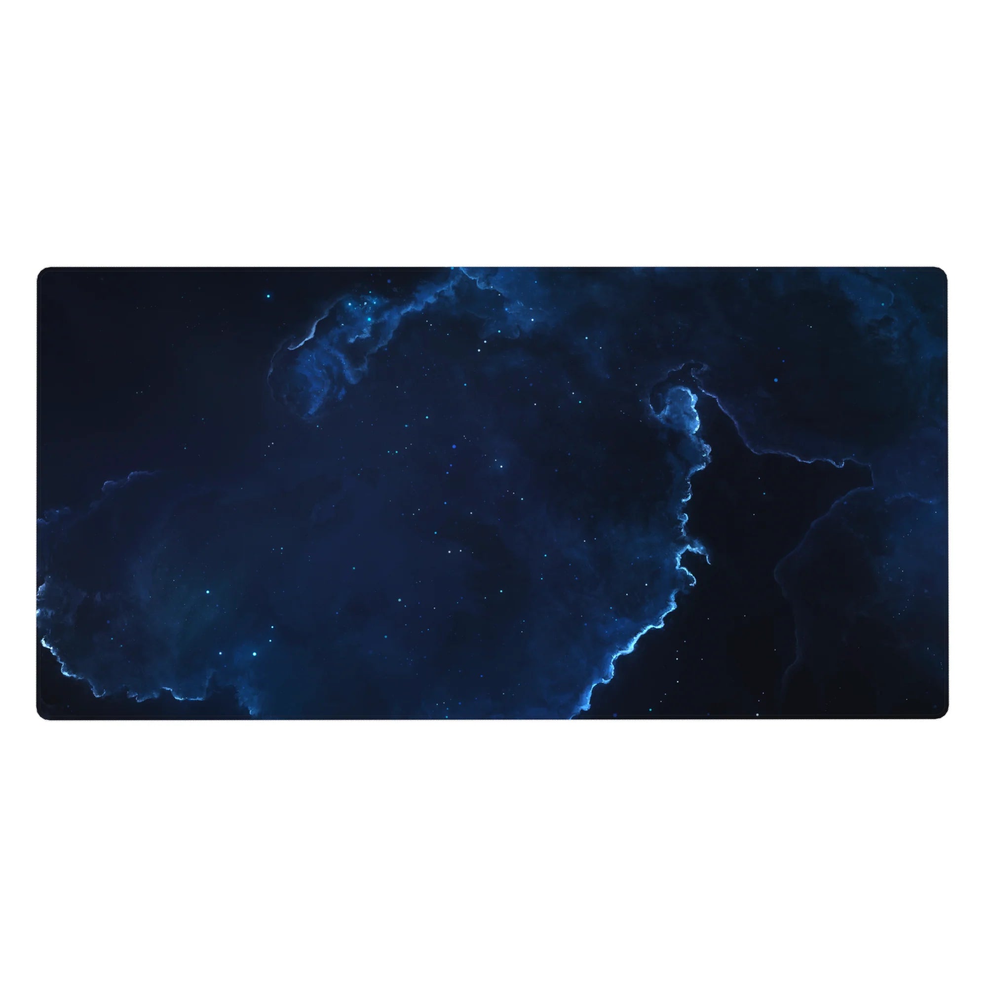 Midnight nebula star-speckled desk pad 40x20 inches with inky black to ocean blue gradient.