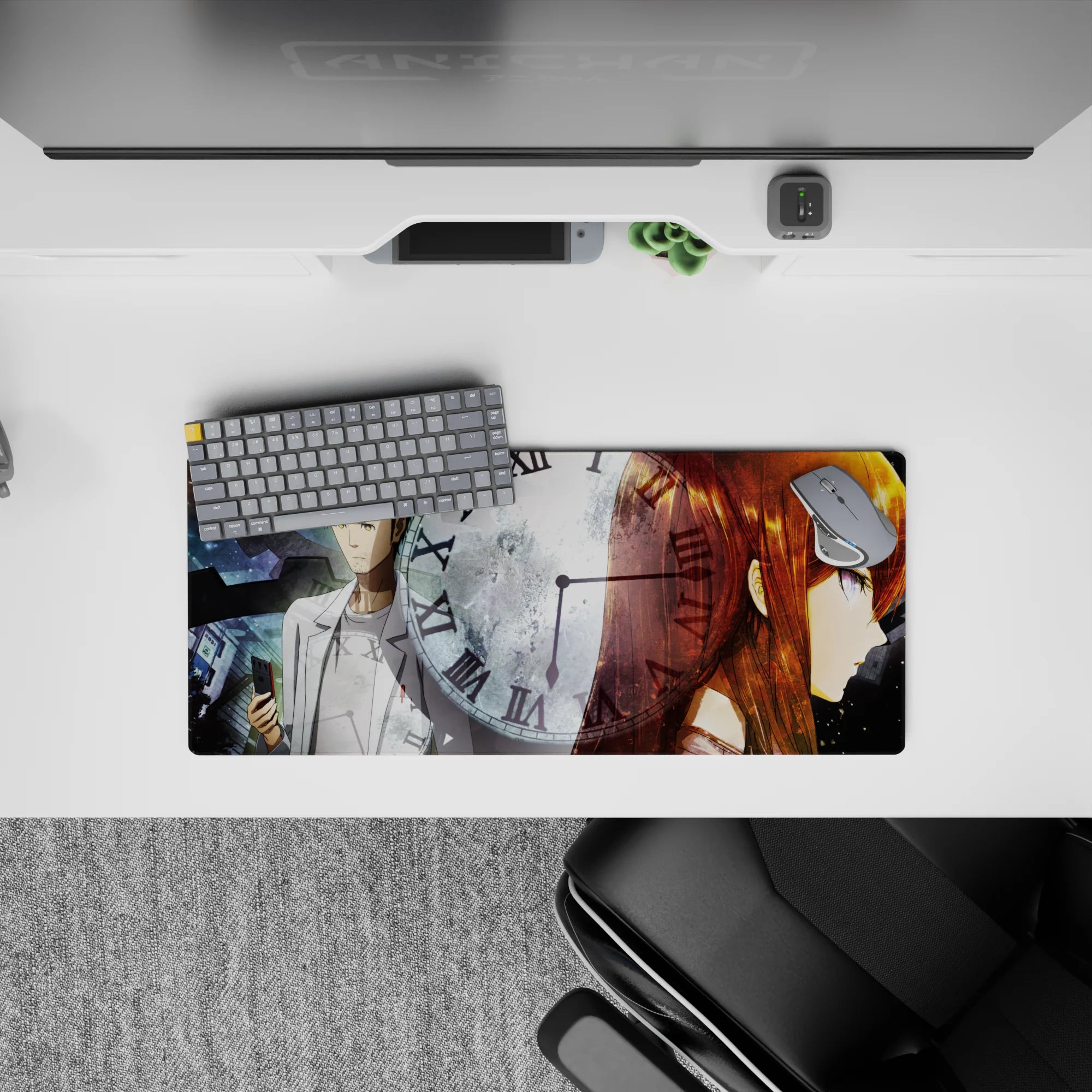 Sci-fi anime mouse pad 28x12 inches in cold blues and smoky grays with warm amber hair glow, tense mood.