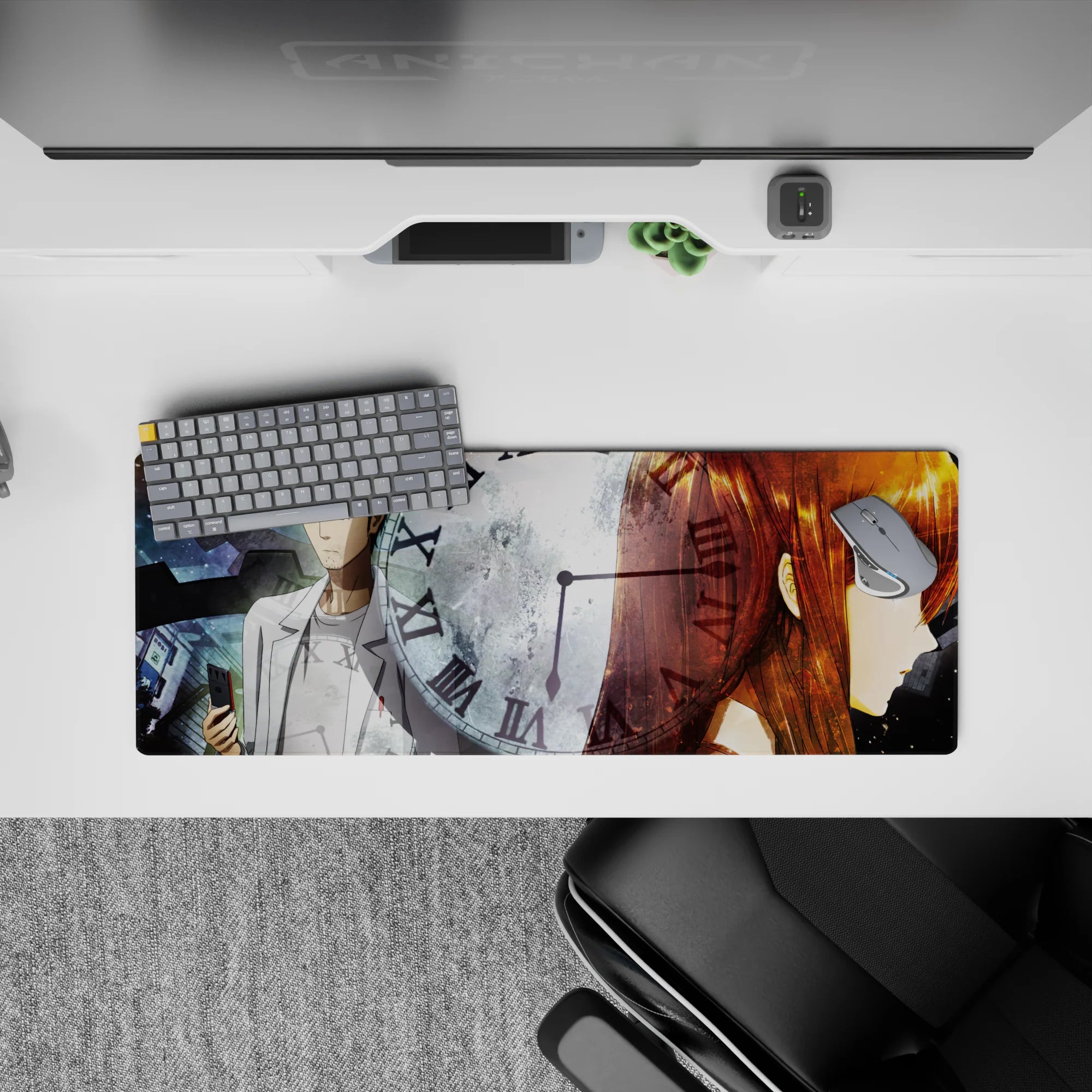 32x12 inches anime desk mat in cold blues and smoky grays with warm amber glow, tense sci-fi mood.