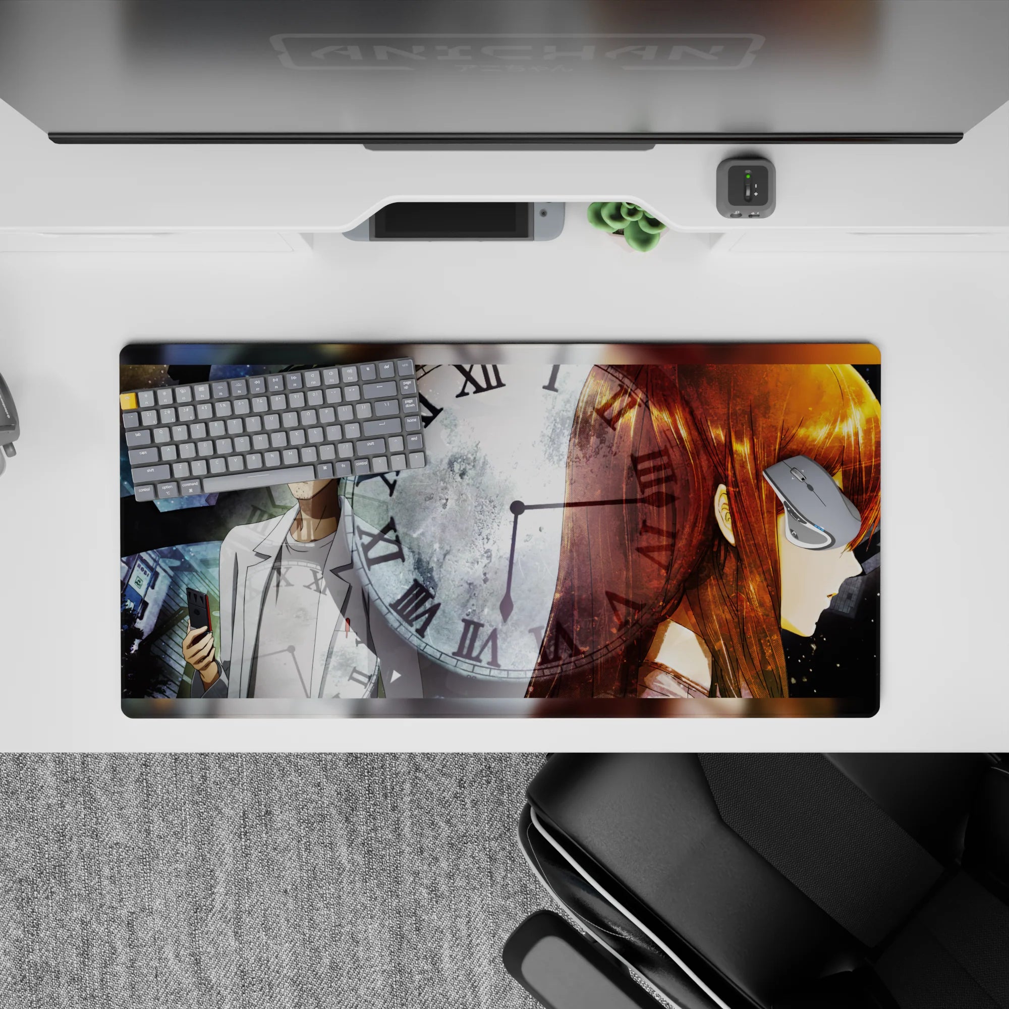 Sci-fi anime mouse pad 32x16 inches in cold blues and smoky grays with warm amber hair glow.