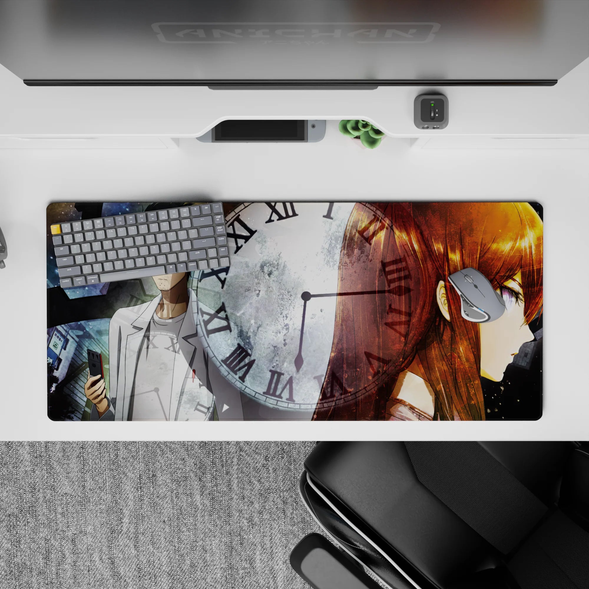 Sci-fi anime desk pad 36x16 inches in cold blues and smoky grays with warm amber hair glow.